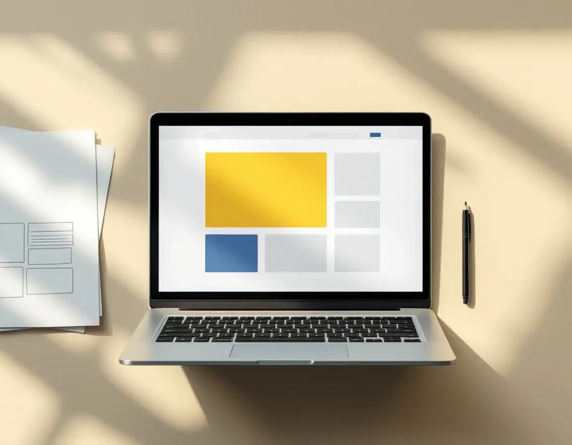 Aufgeklappter Laptop mit einem schlichten Website-Entwurf aus grauen, gelben und blauen Flächen, daneben Papierskizzen von Seitenaufbauten und ein Stift